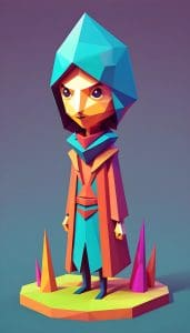 Colorful, low-poly style 3d illustration of a character in a geometric hooded cloak, standing on a platform with five crystal formations.