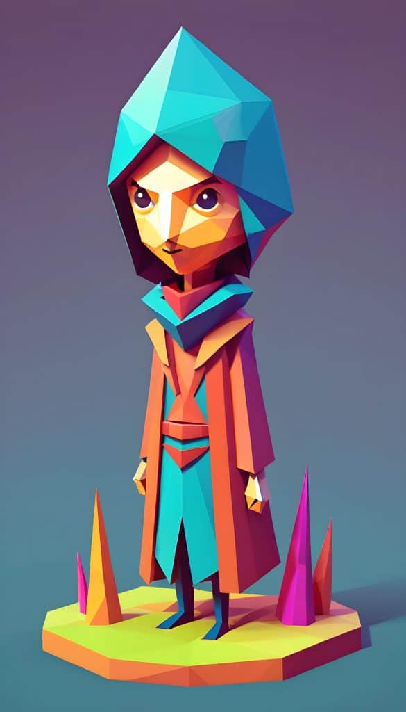 Illustration numérique low-poly d'un personnage Jedi dans une cape à capuche géométrique colorée, debout à côté de formations cristallines abstraites.