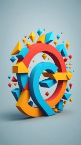 Three-dimensional abstract letter g with colorful geometric shapes, on a plain gray background, designed for agile SEO strategies