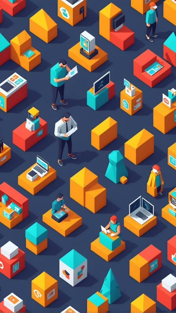 Isometric illustration of people working on laptops in an office with cubicles, highlighting a customer-focused modern workplace environment.