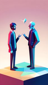 Two stylized, polygonal male figures in business attire engaging in a discussion about the importance of support with a paper airplane floating between them on a colorful geometric background.