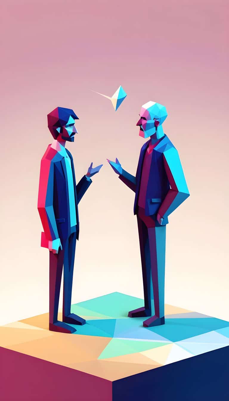 Deux personnages masculins stylisés et polygonaux en costumes engageant une conversation sur un projet de développement web, avec un plan géométrique en papier au-dessus d'eux, sur un fond dégradé.
