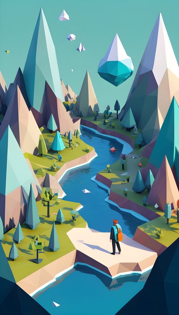 Une personne se tient au bord d'une falaise surplombant un paysage stylisé en low-poly avec des montagnes, une rivière, des cristaux flottants et symbolise le succès du SaaS.