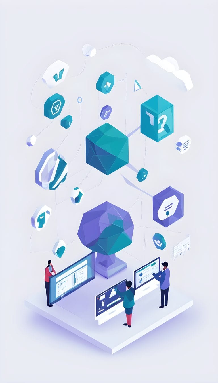Illustration isométrique de trois personnes interagissant avec un affichage numérique et des icônes 3D flottantes, symbolisant l'analyse des données, l'innovation et la technologie virtuelle.