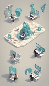 Isometric illustration of workers at computers in a stylized office environment with large gemstone-like structures, focusing on the importance of software development.