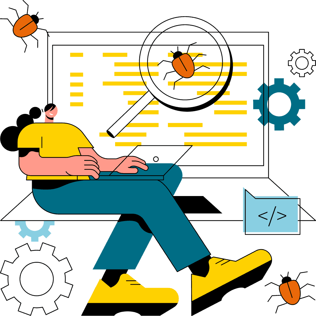 Illustration graphique d'une personne travaillant sur un ordinateur portable avec du code à l'écran et une loupe mettant en évidence un bug, représentant le débogage, la réduction des coûts de développement ou le développement de logiciels.