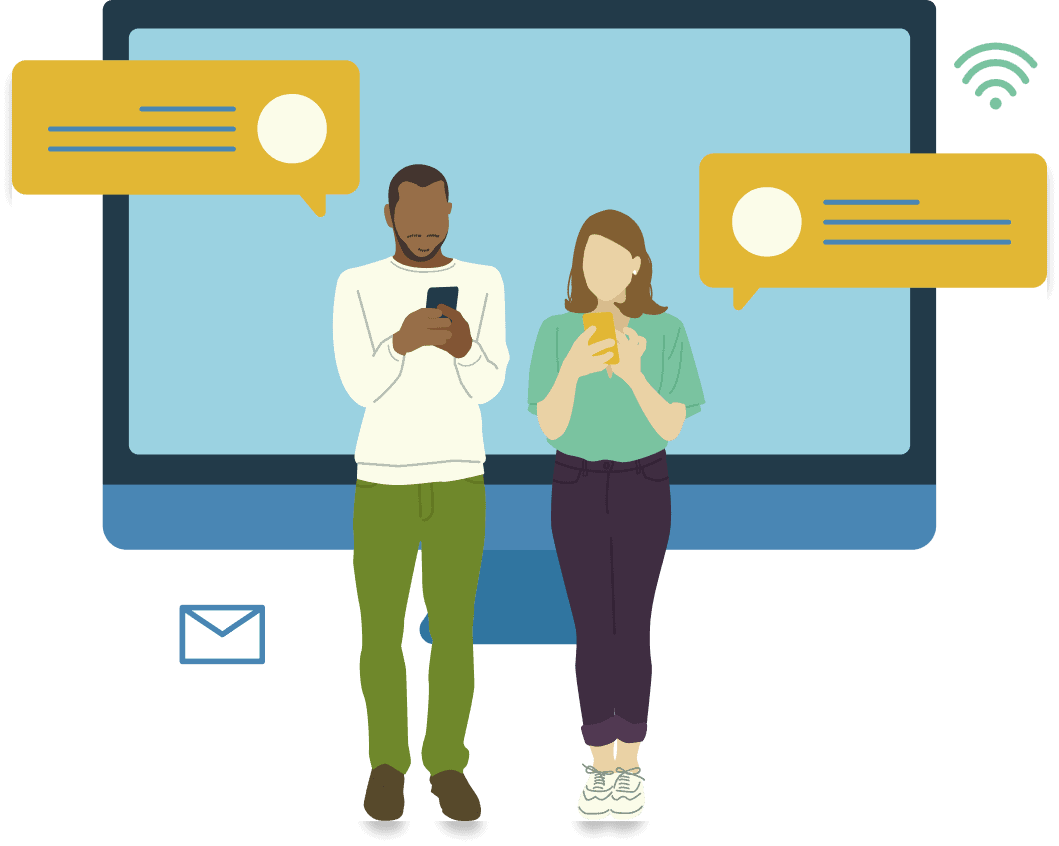 Deux personnes interagissent avec leurs smartphones entourées d'icônes de communication, symbolisant l'interaction numérique et l'assurance qualité logicielle.
