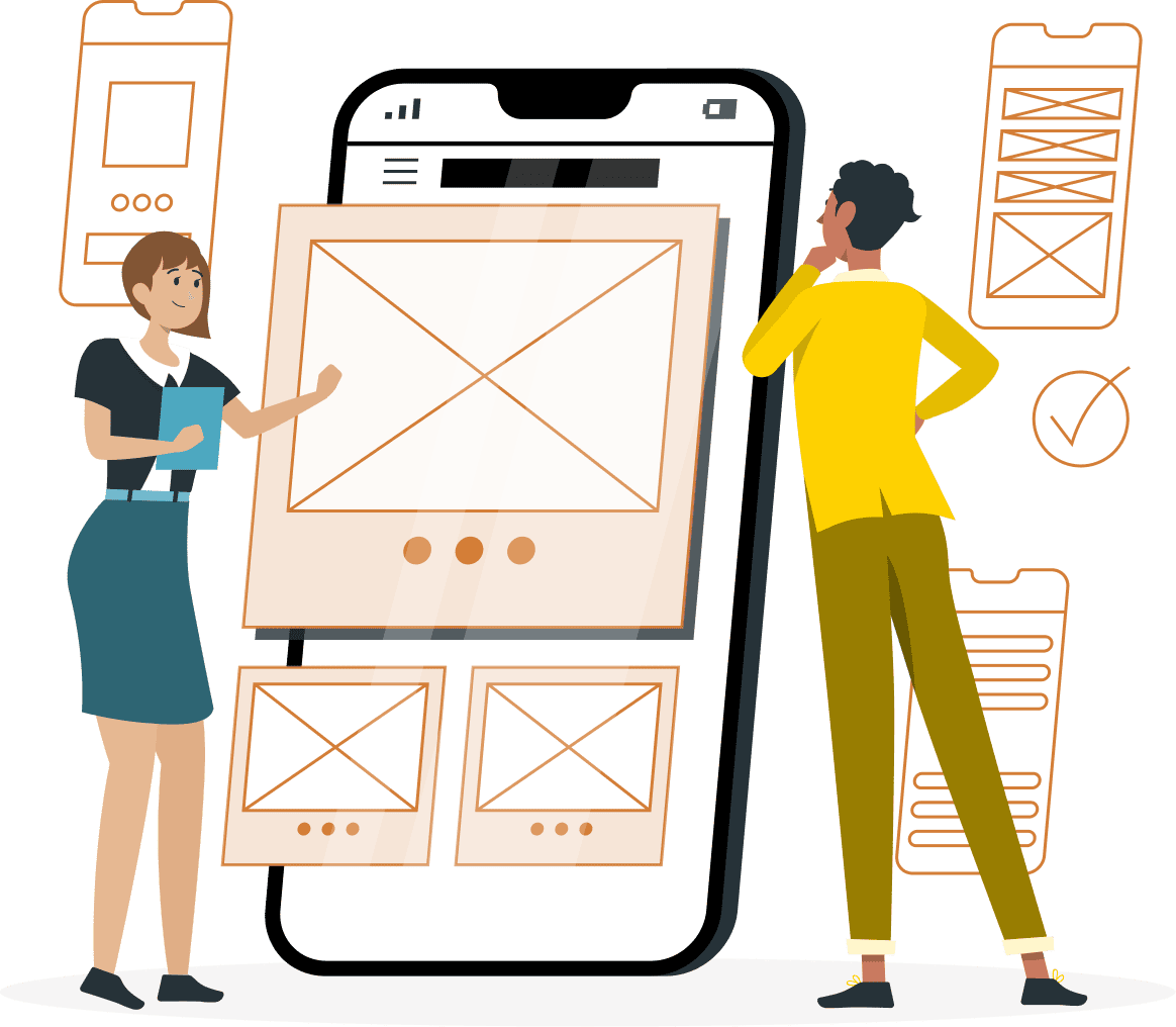 Deux personnes interagissant avec un grand smartphone affichant un concept de mise en page de site Web pour les tests de performances des logiciels.