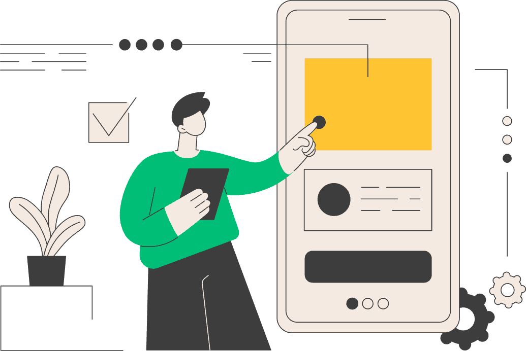An illustration of a man pointing at a phone screen during software testing for quality assurance.
