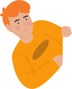 Illustration d'une personne aux cheveux roux portant une chemise orange, regardant vers le haut et optimisation UI/UX.